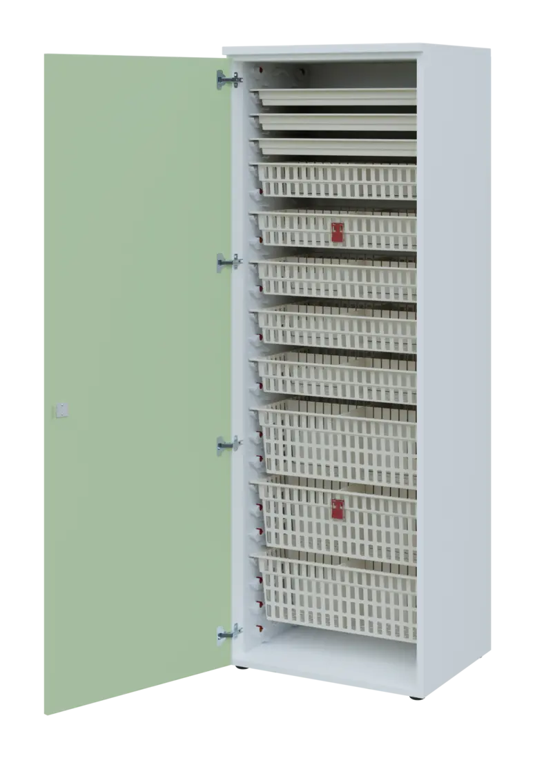 EUROMEDICA D - 66 ABS skříň léková boxová, 1-dveřová, levá, 1950x660x535, korpus bílý, dvířka šedo-z